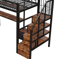 ModernLuxe Lit mezzanine 90x200 cm en fer - 2 tiroirs - Tringle à vêtements - Éclairage LED - Bureau - Noir (matelas non inclus)