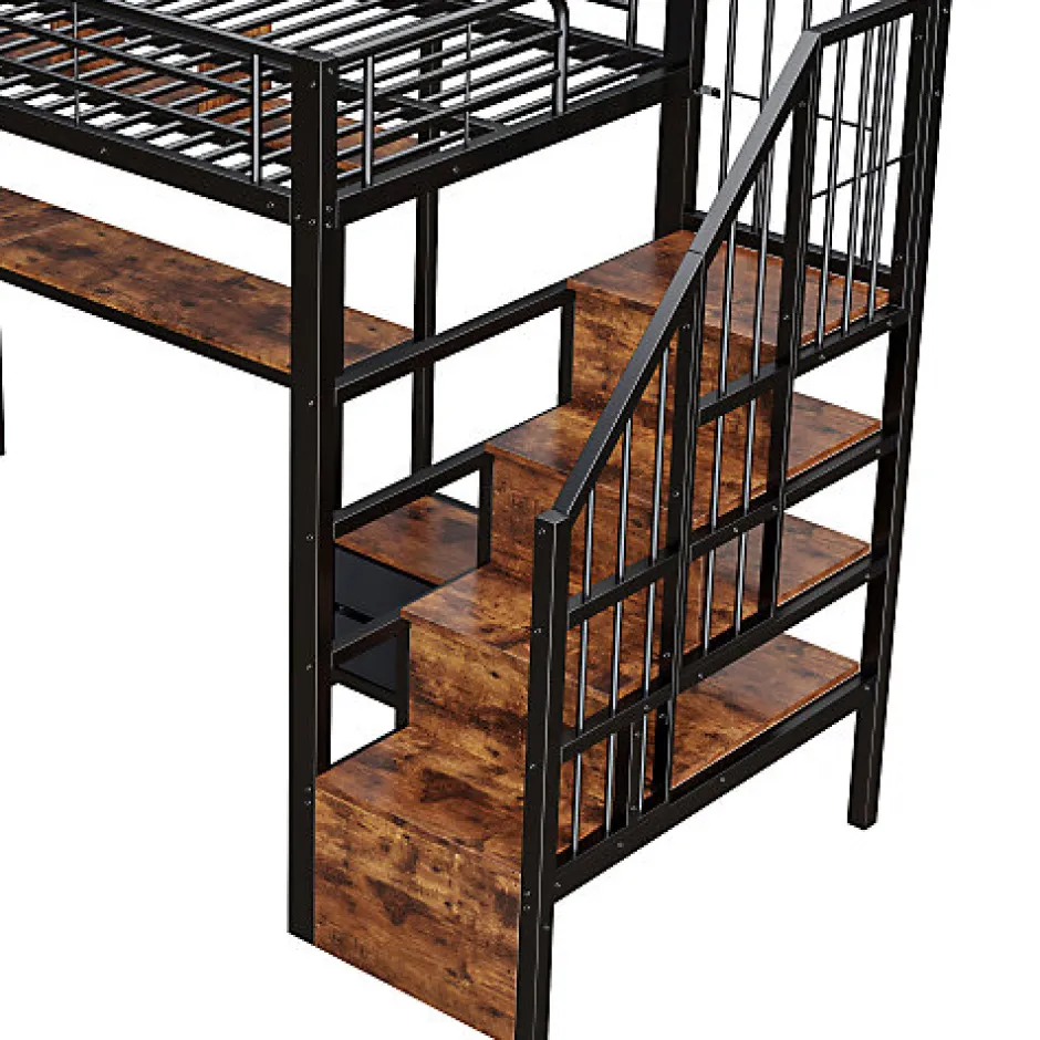 ModernLuxe Lit mezzanine 90x200 cm en fer - 2 tiroirs - Tringle à vêtements - Éclairage LED - Bureau - Noir (matelas non inclus)
