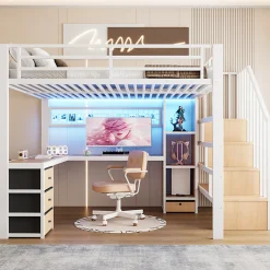 ModernLuxe Lit mezzanine 140x200 cm en fer - Compartiments de rangement - 4 tiroirs - LED - Bureau et escalier - Blanc (sans matelas) Sale