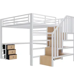 ModernLuxe Lit mezzanine 140x200 cm en fer - Compartiments de rangement - 4 tiroirs - LED - Bureau et escalier - Blanc (sans matelas) Sale