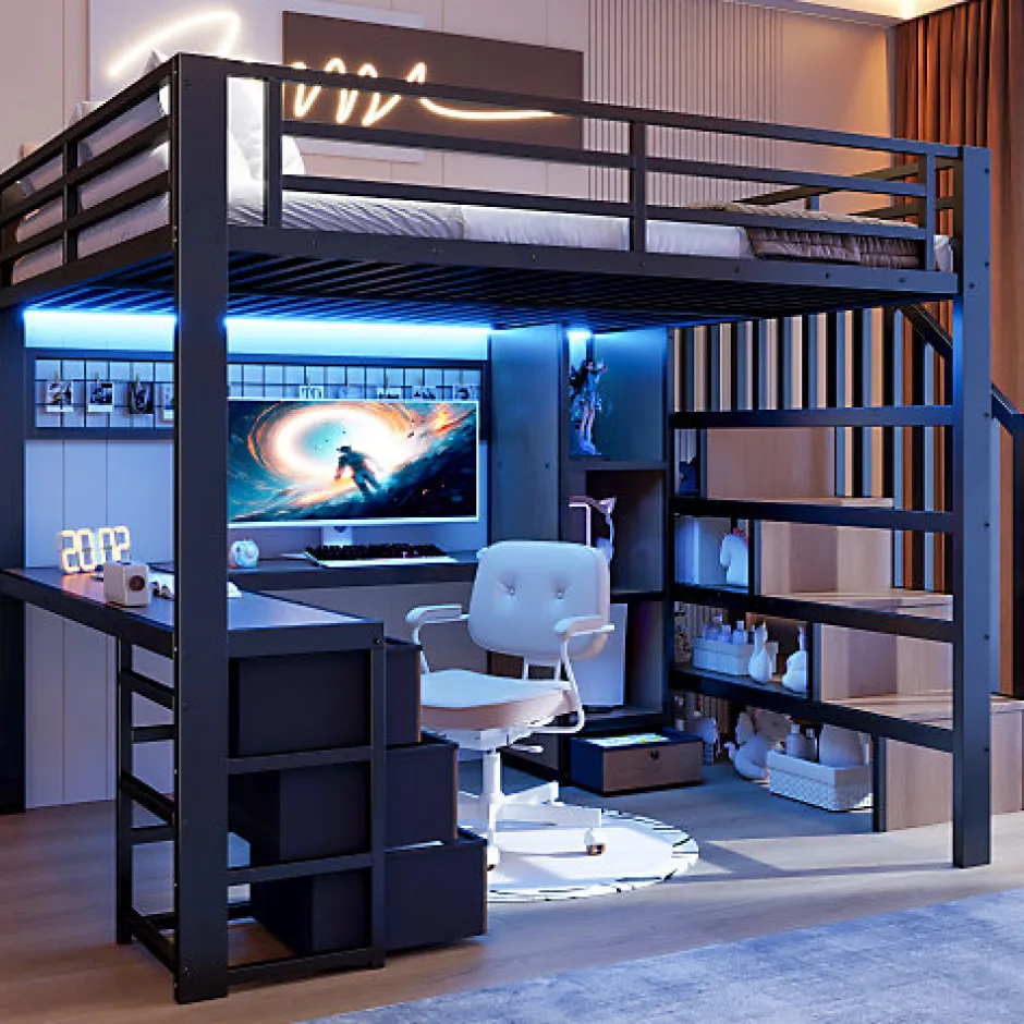 ModernLuxe Lit mezzanine 140x200 cm en fer - Compartiments de rangement - 4 tiroirs - LED - Bureau et escalier - Noir (sans matelas)