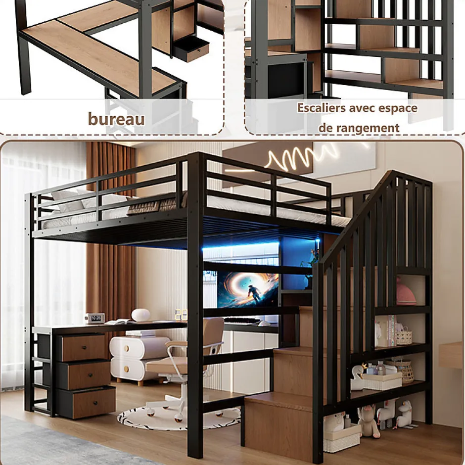ModernLuxe Lit mezzanine 140x200 cm en fer - Compartiments de rangement - 4 tiroirs - LED - Bureau et escalier - Noir (sans matelas)