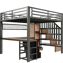 ModernLuxe Lit mezzanine 140x200 cm en fer - Compartiments de rangement - 4 tiroirs - LED - Bureau et escalier - Noir (sans matelas)