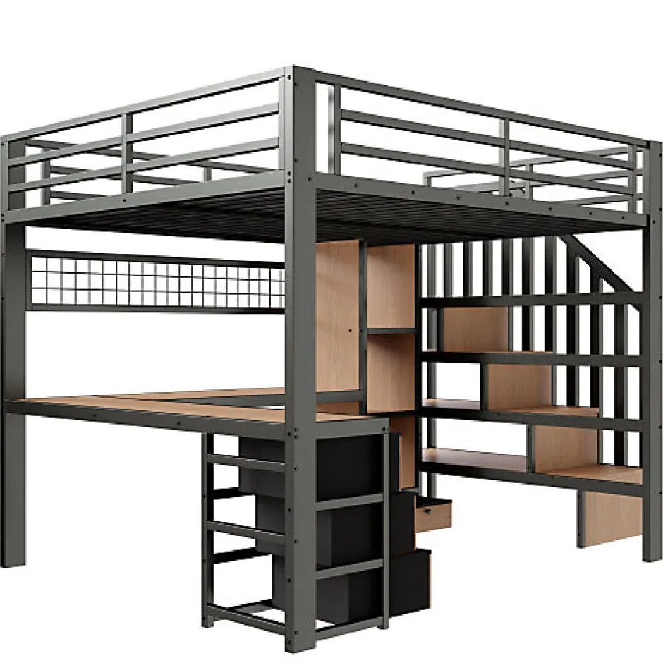 ModernLuxe Lit mezzanine 140x200 cm en fer - Compartiments de rangement - 4 tiroirs - LED - Bureau et escalier - Noir (sans matelas)