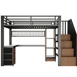 ModernLuxe Lit mezzanine 140x200 cm en fer - Compartiments de rangement - 4 tiroirs - LED - Bureau et escalier - Noir (sans matelas)