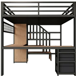 ModernLuxe Lit mezzanine 140x200 cm en fer - Compartiments de rangement - 4 tiroirs - LED - Bureau et escalier - Noir (sans matelas)
