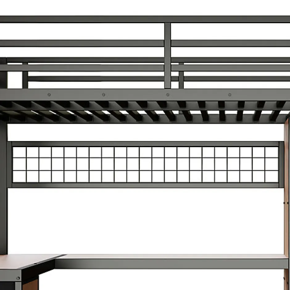 ModernLuxe Lit mezzanine 140x200 cm en fer - Compartiments de rangement - 4 tiroirs - LED - Bureau et escalier - Noir (sans matelas)