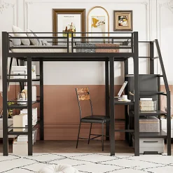 Enfant Aapaas Lit mezzanine 140x200 cm en métal noir avec bureau armoire étagères et escalier de rangement sécurisé