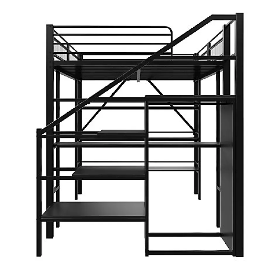 Enfant Aapaas Lit mezzanine 140x200 cm en métal noir avec bureau armoire étagères et escalier de rangement sécurisé