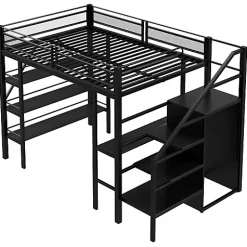 Enfant Aapaas Lit mezzanine 140x200 cm en métal noir avec bureau armoire étagères et escalier de rangement sécurisé
