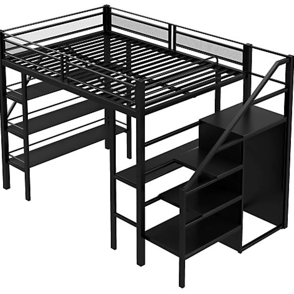 Enfant Aapaas Lit mezzanine 140x200 cm en métal noir avec bureau armoire étagères et escalier de rangement sécurisé