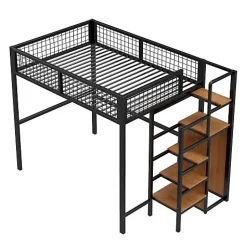 Aapaas Lit mezzanine 140x200 cm en métal noir avec échelle étagères et penderie ouverte pour enfant Online