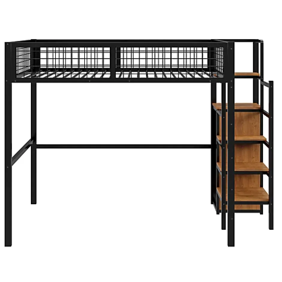 Aapaas Lit mezzanine 140x200 cm en métal noir avec échelle étagères et penderie ouverte pour enfant Online