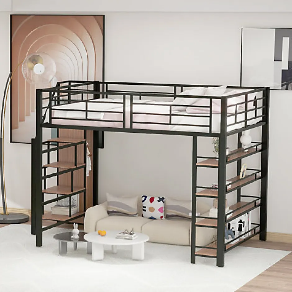 Enfant Aapaas Lit mezzanine 140x200 cm en métal noir avec échelle sécurisée rangement étagères et penderie pour adolescent
