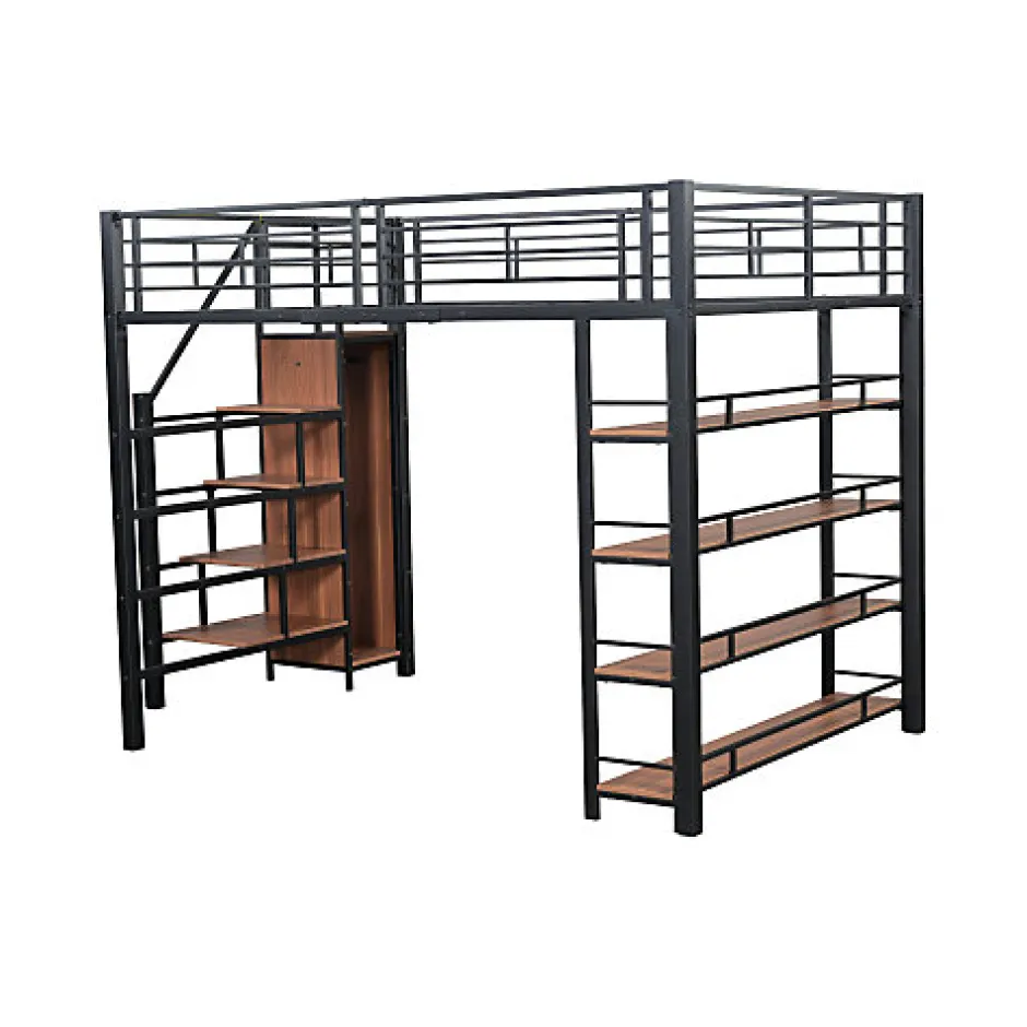 Enfant Aapaas Lit mezzanine 140x200 cm en métal noir avec échelle sécurisée rangement étagères et penderie pour adolescent