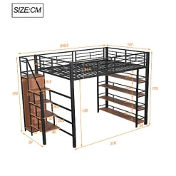 Enfant Aapaas Lit mezzanine 140x200 cm en métal noir avec échelle sécurisée rangement étagères et penderie pour adolescent