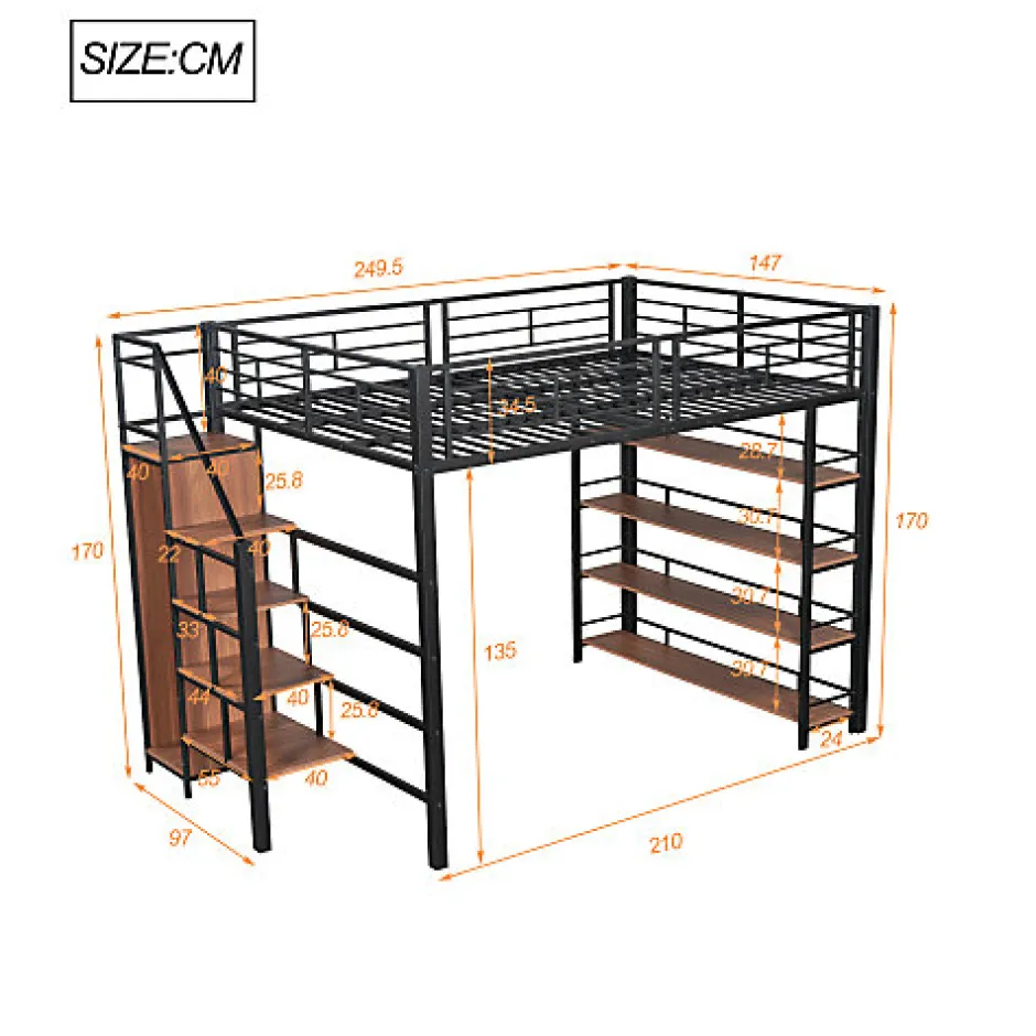 Enfant Aapaas Lit mezzanine 140x200 cm en métal noir avec échelle sécurisée rangement étagères et penderie pour adolescent