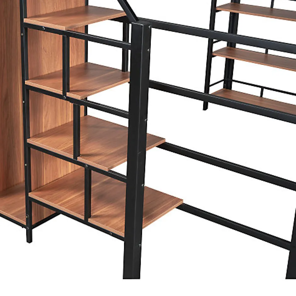 Enfant Aapaas Lit mezzanine 140x200 cm en métal noir avec échelle sécurisée rangement étagères et penderie pour adolescent