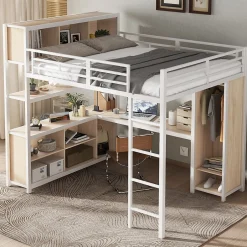 Okwish Lit Mezzanine 140x200 cm en Métal - Lit Double avec Bureau, Penderie et Rangements - Sans Matelas - Blanc