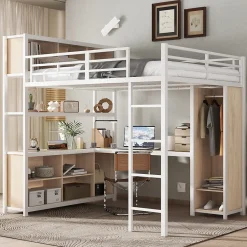 Okwish Lit Mezzanine 140x200 cm en Métal - Lit Double avec Bureau, Penderie et Rangements - Sans Matelas - Blanc