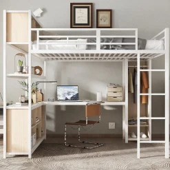 Okwish Lit Mezzanine 140x200 cm en Métal - Lit Double avec Bureau, Penderie et Rangements - Sans Matelas - Blanc