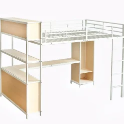 Okwish Lit Mezzanine 140x200 cm en Métal - Lit Double avec Bureau, Penderie et Rangements - Sans Matelas - Blanc