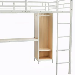 Okwish Lit Mezzanine 140x200 cm en Métal - Lit Double avec Bureau, Penderie et Rangements - Sans Matelas - Blanc