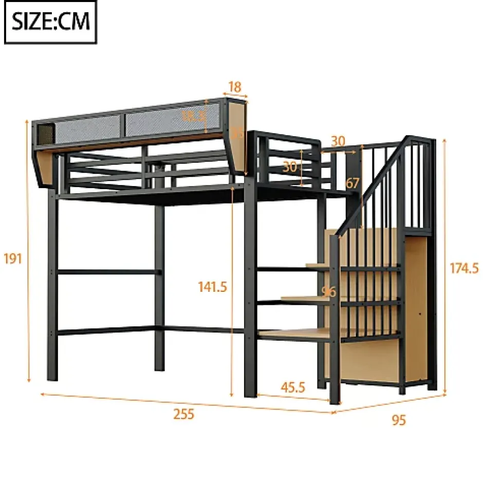 Aapaas Lit mezzanine 90x200 cm en métal noir avec échelle sécurisée et espace de rangement modulable Online