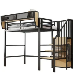 Aapaas Lit mezzanine 90x200 cm en métal noir avec échelle sécurisée et espace de rangement modulable Online