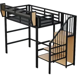 Aapaas Lit mezzanine 90x200 cm en métal noir avec échelle sécurisée et espace de rangement modulable Online