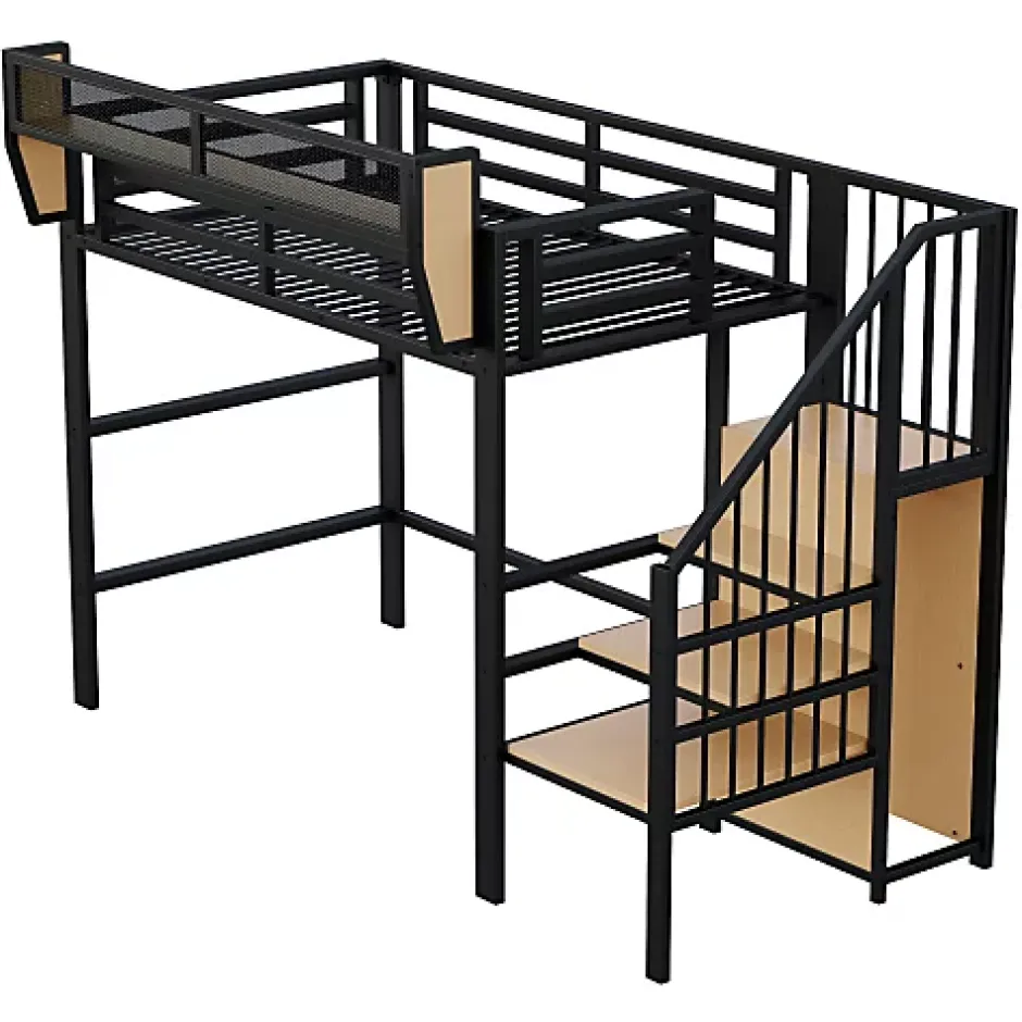 Aapaas Lit mezzanine 90x200 cm en métal noir avec échelle sécurisée et espace de rangement modulable Online