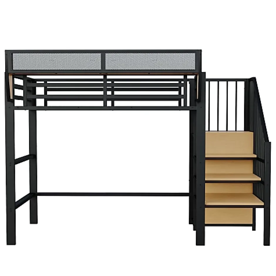 Aapaas Lit mezzanine 90x200 cm en métal noir avec échelle sécurisée et espace de rangement modulable Online