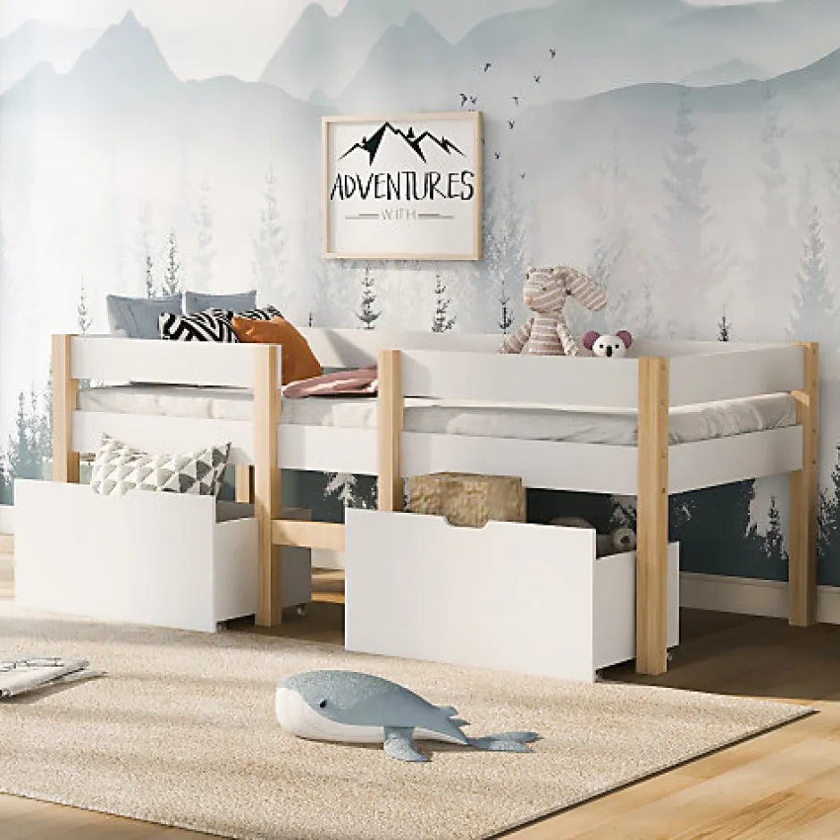 ModernLuxe Lit mezzanine 90x190 cm en pin massif avec tiroirs - Blanc (sans matelas)
