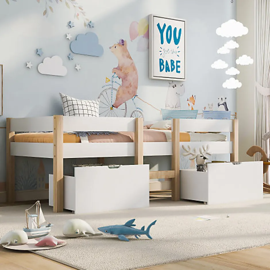 ModernLuxe Lit mezzanine 90x190 cm en pin massif avec tiroirs - Blanc (sans matelas)