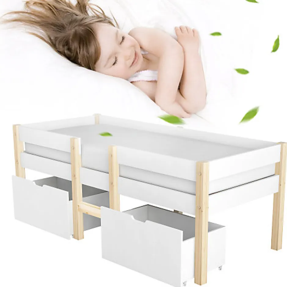 ModernLuxe Lit mezzanine 90x190 cm en pin massif avec tiroirs - Blanc (sans matelas)