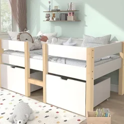 ModernLuxe Lit mezzanine 90x200 cm en pin massif avec tiroirs - Blanc (sans matelas) Online