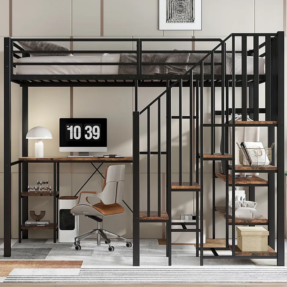 Okwish Lit Mezzanine 120x200 cm enfant, Bureau, Étagères et Rangement, Métal et Bois Vintage, Noir et Bois Vintage, Sans Matelas Best