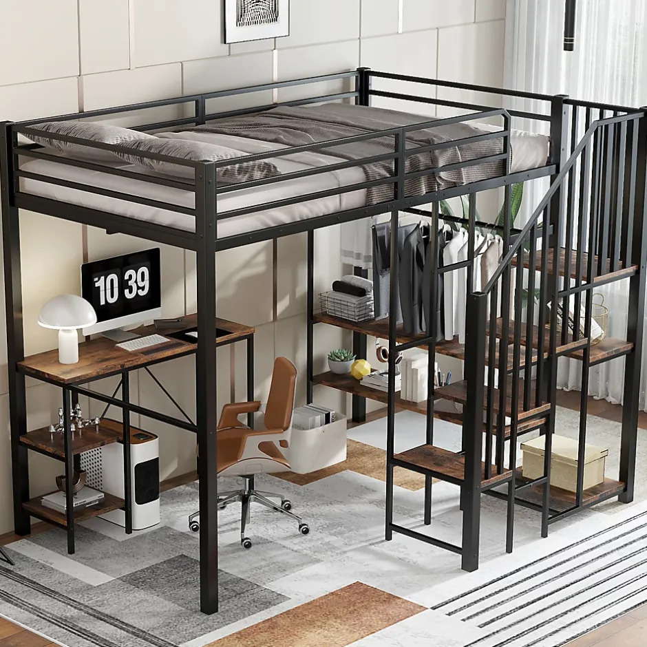 Okwish Lit Mezzanine 120x200 cm enfant, Bureau, Étagères et Rangement, Métal et Bois Vintage, Noir et Bois Vintage, Sans Matelas Best