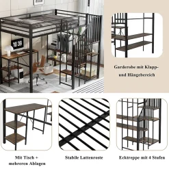 Okwish Lit Mezzanine 120x200 cm enfant, Bureau, Étagères et Rangement, Métal et Bois Vintage, Noir et Bois Vintage, Sans Matelas Best