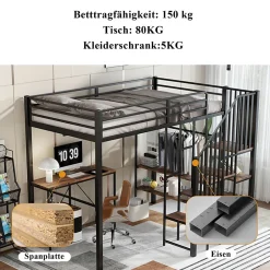 Okwish Lit Mezzanine 120x200 cm enfant, Bureau, Étagères et Rangement, Métal et Bois Vintage, Noir et Bois Vintage, Sans Matelas Best