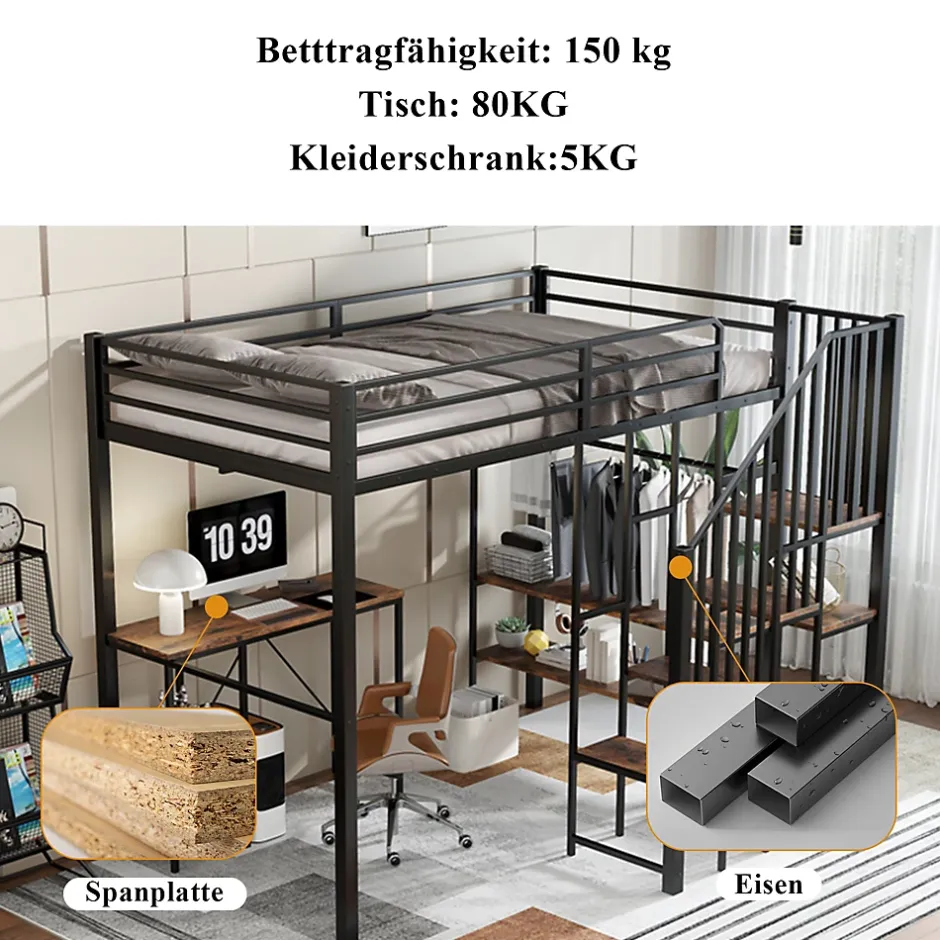 Okwish Lit Mezzanine 120x200 cm enfant, Bureau, Étagères et Rangement, Métal et Bois Vintage, Noir et Bois Vintage, Sans Matelas Best
