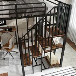 Okwish Lit Mezzanine 120x200 cm enfant, Bureau, Étagères et Rangement, Métal et Bois Vintage, Noir et Bois Vintage, Sans Matelas Best
