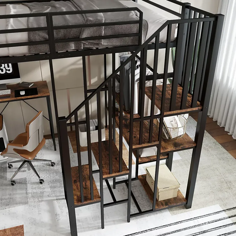 Okwish Lit Mezzanine 120x200 cm enfant, Bureau, Étagères et Rangement, Métal et Bois Vintage, Noir et Bois Vintage, Sans Matelas Best