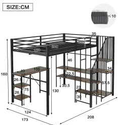 Okwish Lit Mezzanine 120x200 cm enfant, Bureau, Étagères et Rangement, Métal et Bois Vintage, Noir et Bois Vintage, Sans Matelas Best