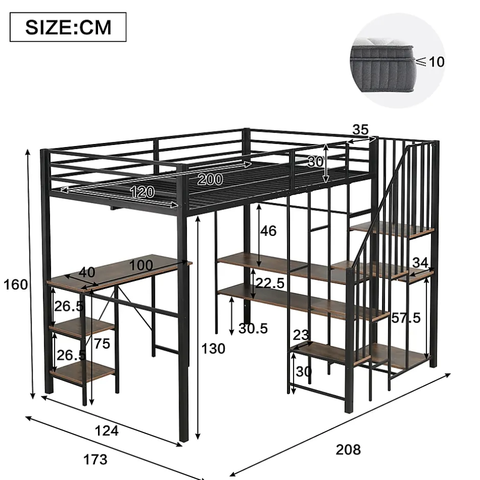 Okwish Lit Mezzanine 120x200 cm enfant, Bureau, Étagères et Rangement, Métal et Bois Vintage, Noir et Bois Vintage, Sans Matelas Best