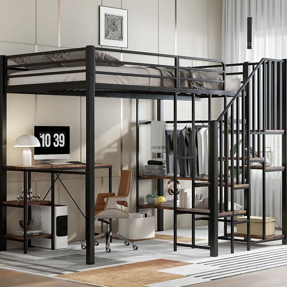 Okwish Lit Mezzanine 120x200 cm enfant, Bureau, Étagères et Rangement, Métal et Bois Vintage, Noir et Bois Vintage, Sans Matelas Best