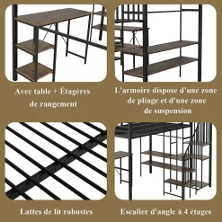 Okwish Lit Mezzanine 120x200 cm enfant, Bureau, Étagères et Rangement, Métal et Bois Vintage, Noir et Bois Vintage, Sans Matelas Best