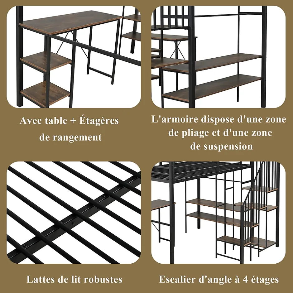 Okwish Lit Mezzanine 120x200 cm enfant, Bureau, Étagères et Rangement, Métal et Bois Vintage, Noir et Bois Vintage, Sans Matelas Best