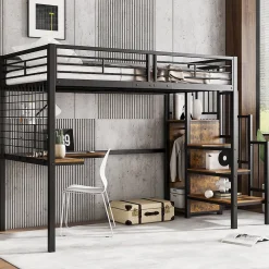 Okwish Lit mezzanine 90x200 cm enfant métal avec bureau et armoire intégrée, échelle sécurisée, blanc et naturel sans matelas