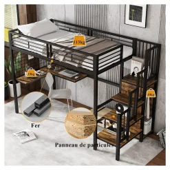 Okwish Lit mezzanine 90x200 cm enfant métal avec bureau et armoire intégrée, échelle sécurisée, blanc et naturel sans matelas